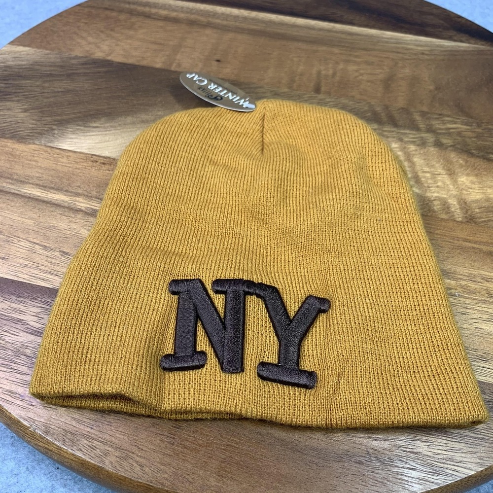 New York City Hat Beanie Knit Mens Mustard Yellow Embroidered Winter Titan